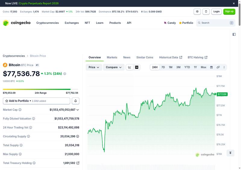 Bitcoin price chart on CoinGecko showing BTC at $77,536 with +1.3% 24-hour gain and upward intraday price action on May 25, 2026
