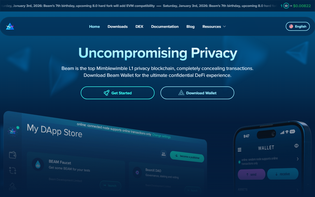 Beam cryptocurrency homepage showing the MimbleWimble privacy blockchain wallet with DApp Store and mobile wallet interface