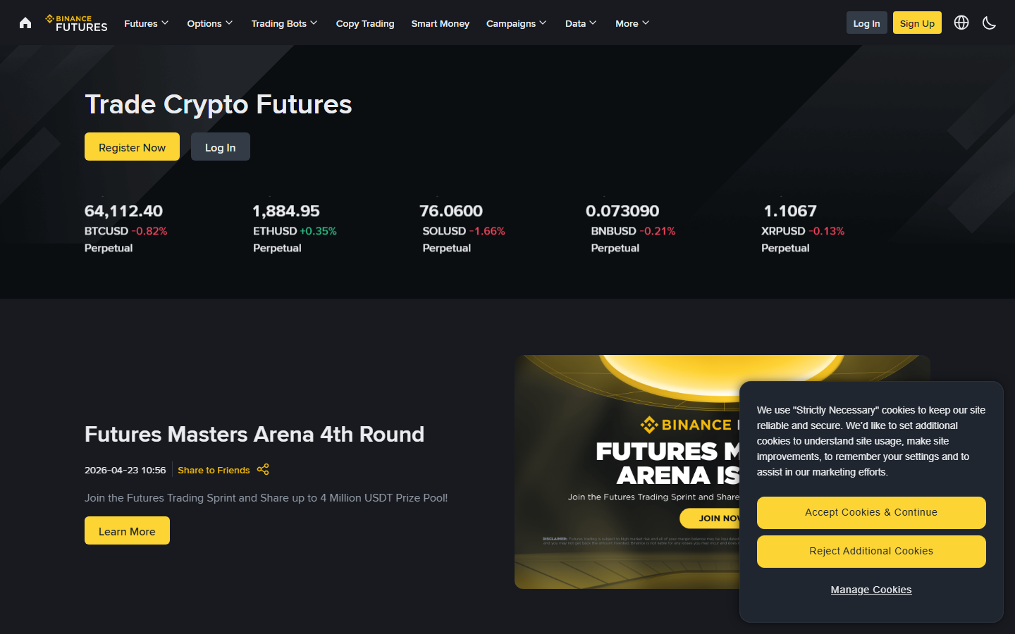 Binance Futures homepage showing its public perpetual futures trading surface.