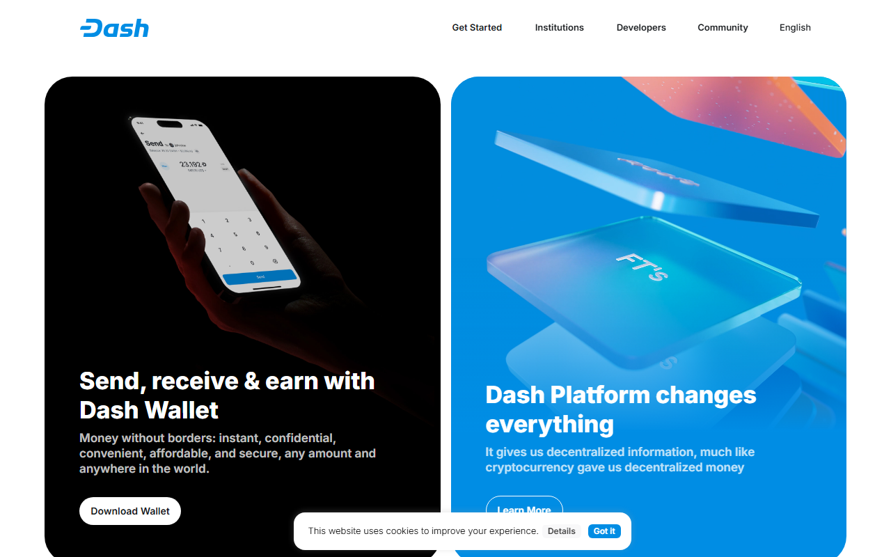 Dash official homepage showing the Dash Wallet with Send receive and earn messaging and Dash Platform section