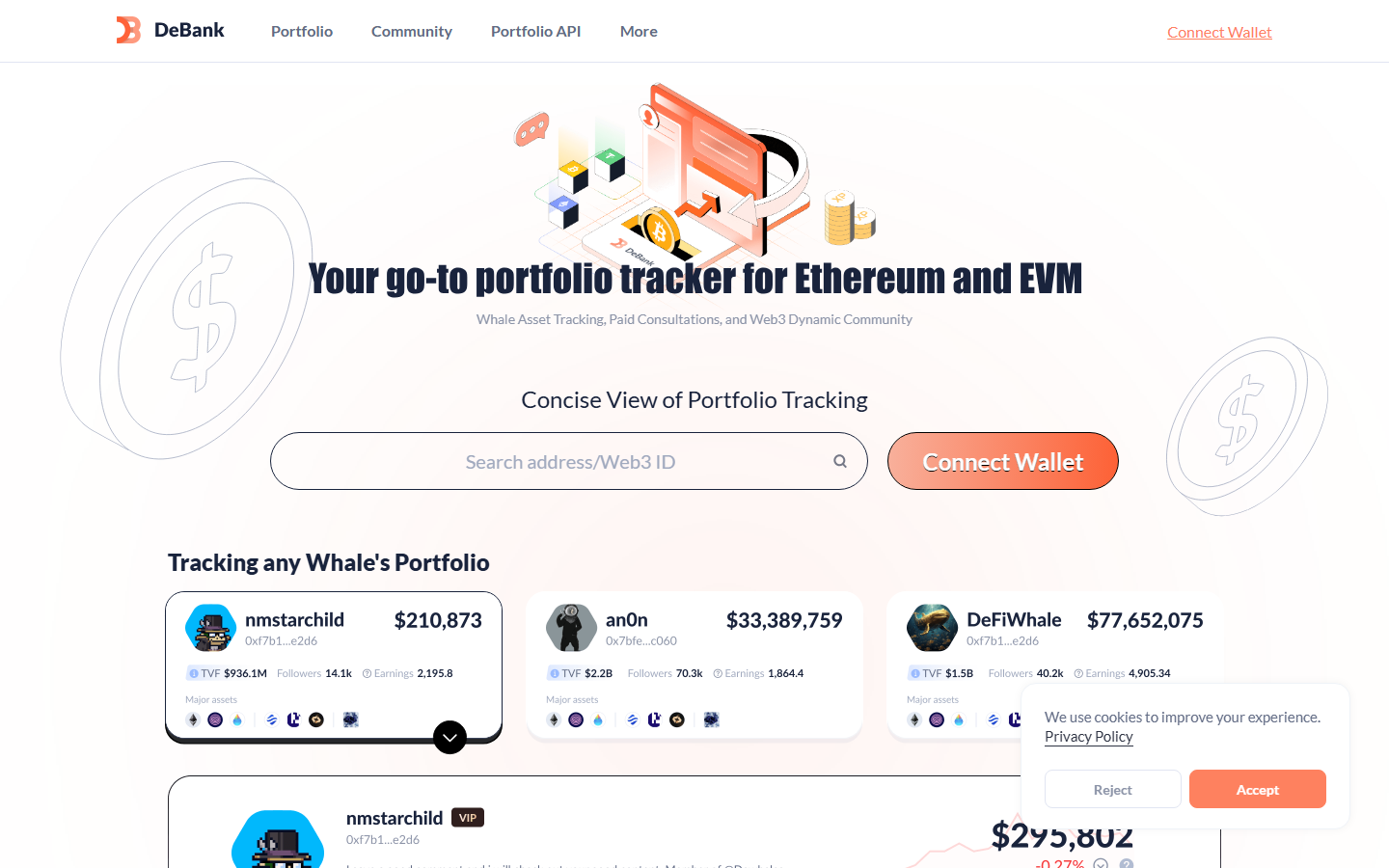 DeBank public homepage showing its wallet and DeFi analytics product surface.