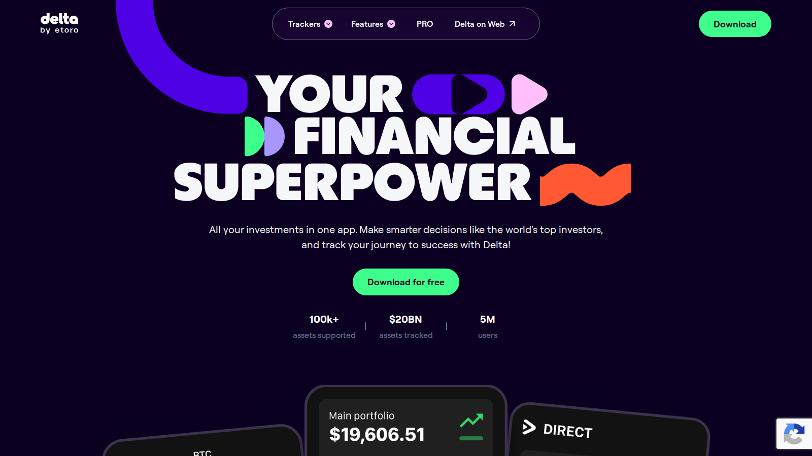 Delta by eToro homepage showing a multi-asset portfolio tracking interface.