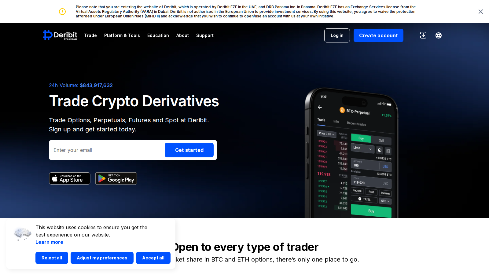 Deribit homepage showing its crypto options and futures venue.