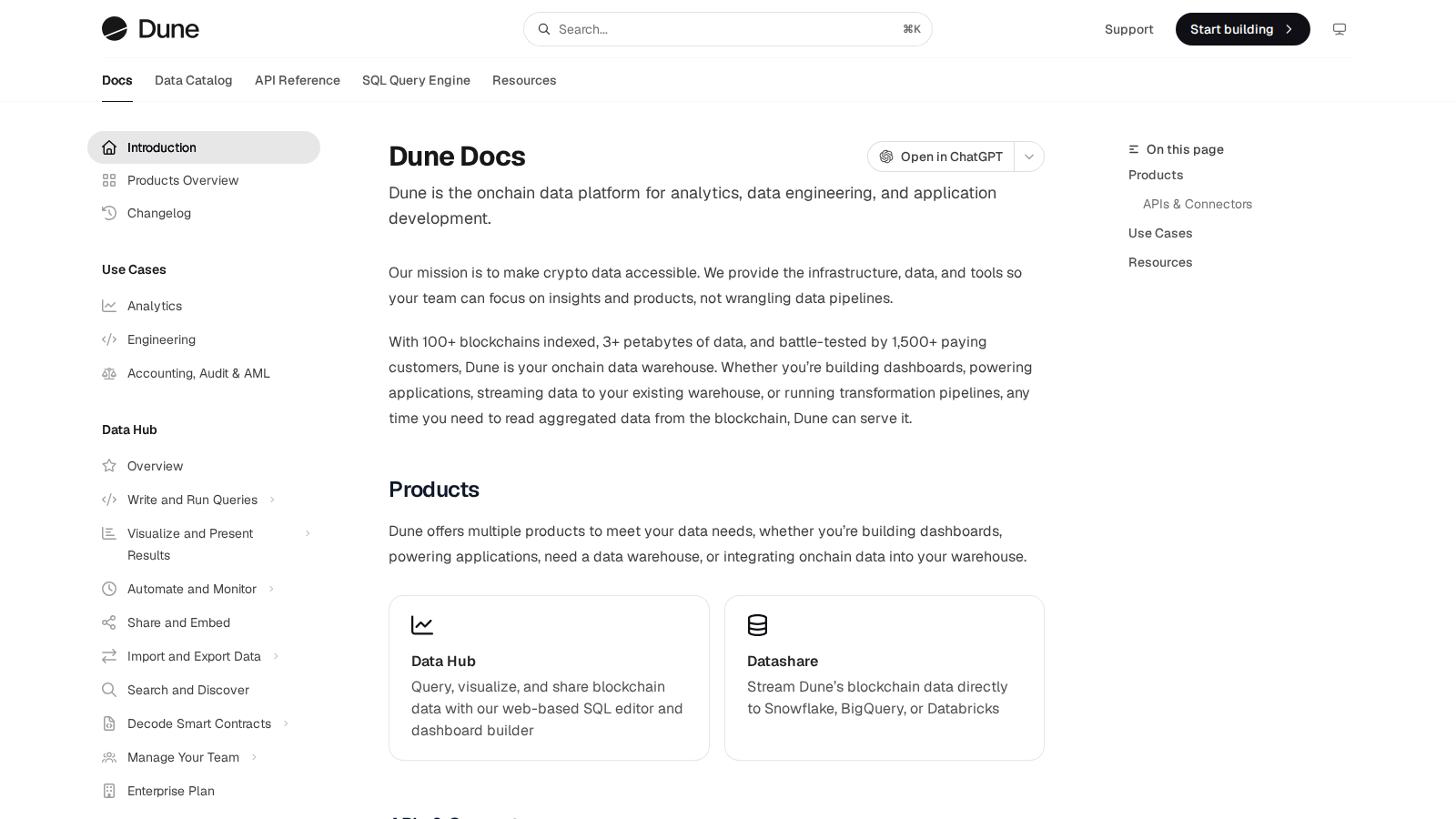 Dune documentation homepage showing query references for multichain analytics.