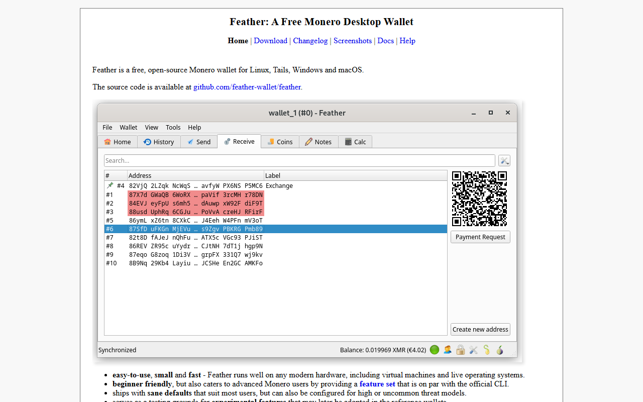 Feather Wallet homepage showing the open-source Monero desktop wallet interface with address list and sync status
