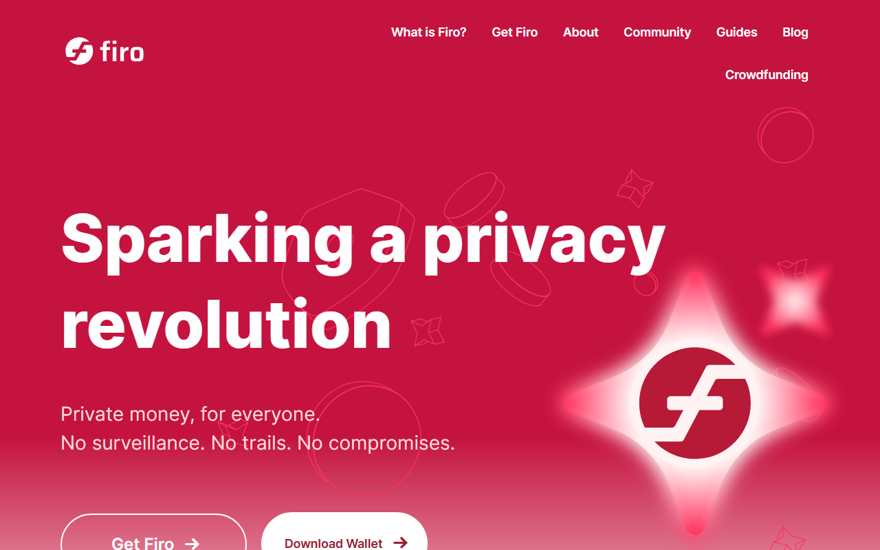 Firo cryptocurrency official homepage with headline Sparking a privacy revolution and tagline Private money for everyone