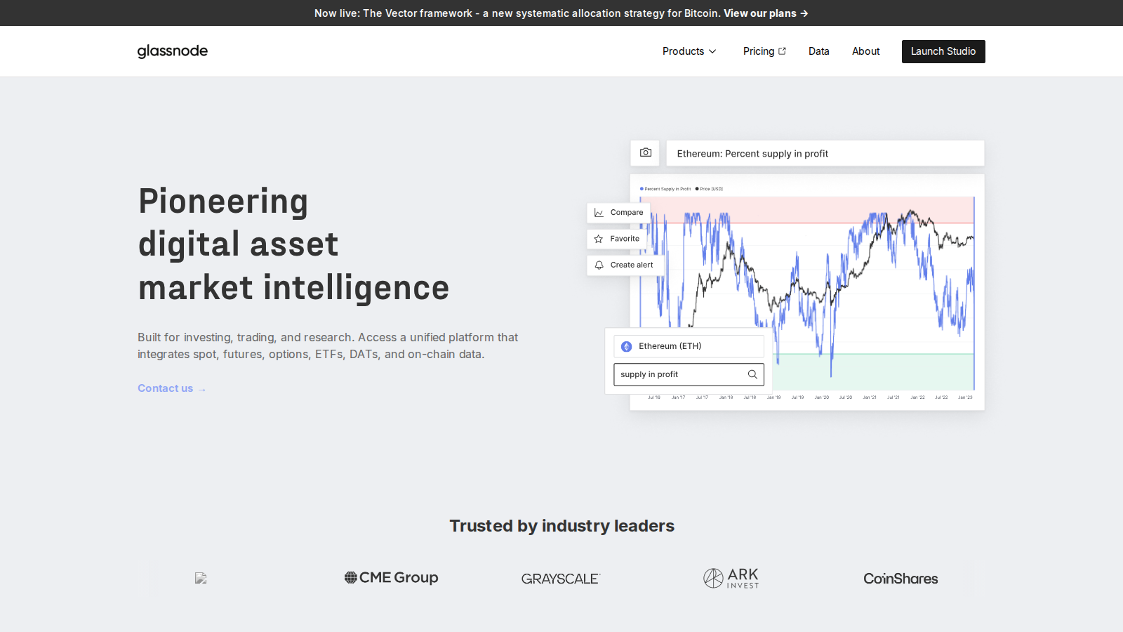 Glassnode homepage showing digital-asset market intelligence tools.