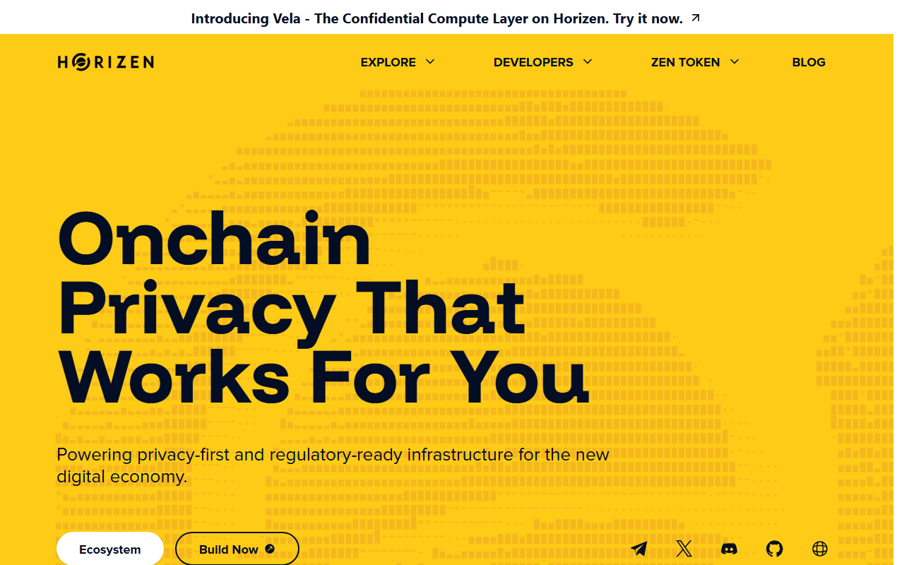 Horizen homepage with headline Onchain Privacy That Works For You and announcement of Vela confidential compute layer