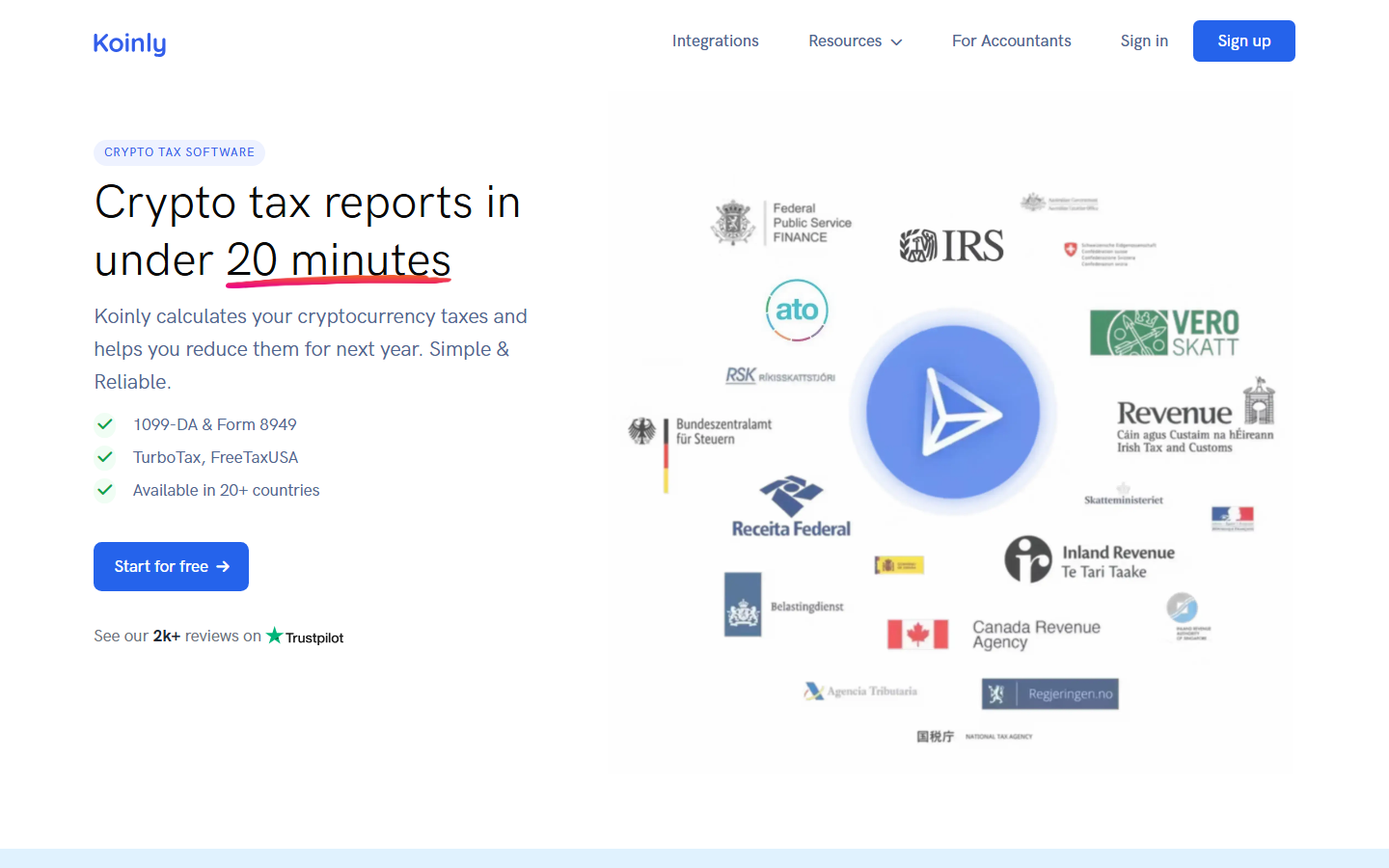 Koinly homepage showing its crypto tax reporting product surface.