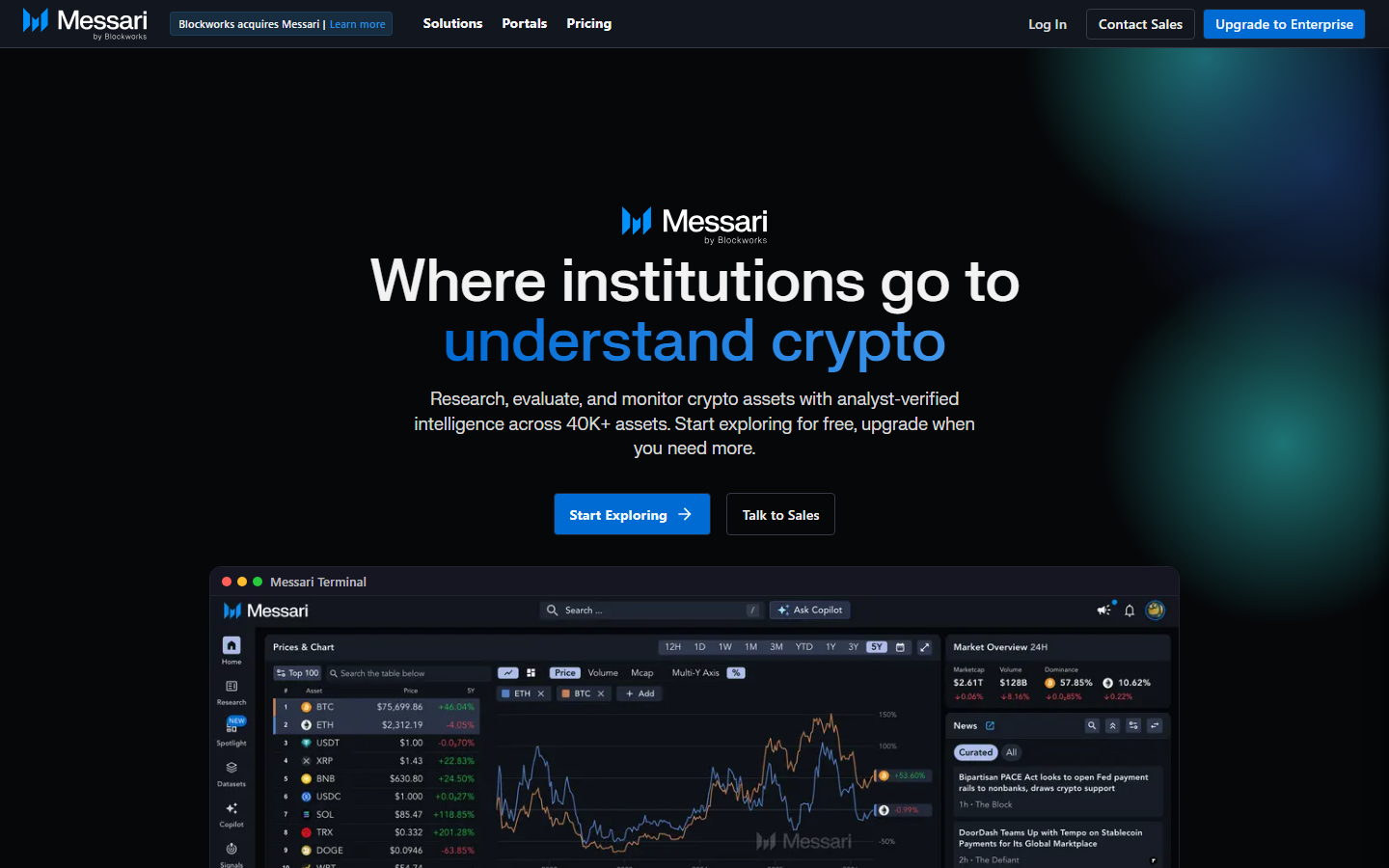 Messari homepage showing its crypto research and market intelligence surface.