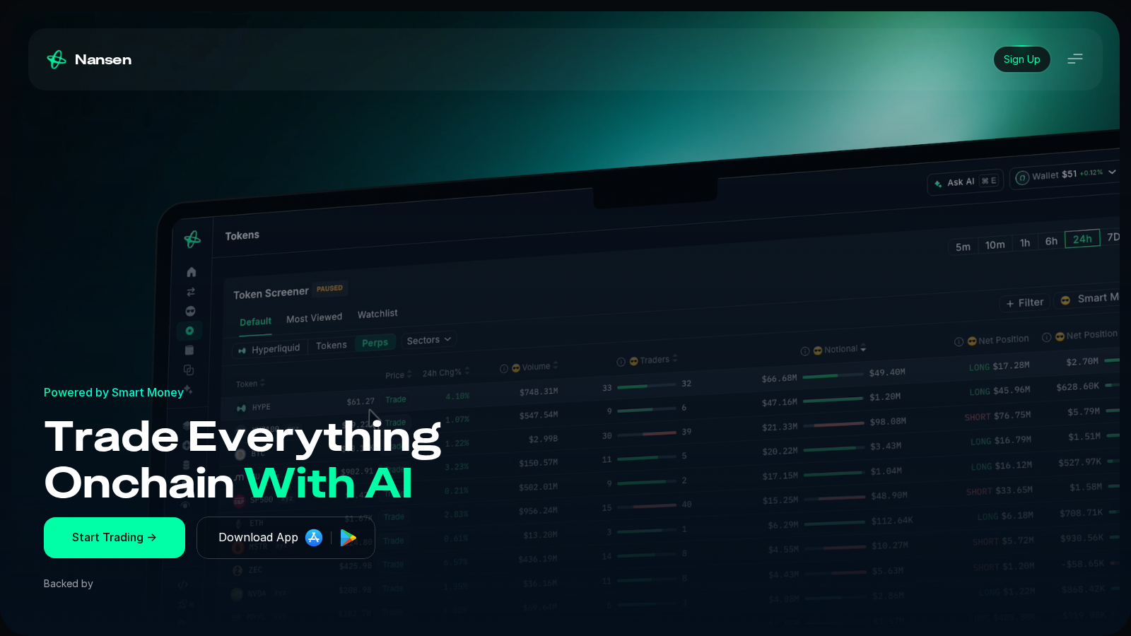 Nansen homepage showing wallet labels and smart-money analytics.