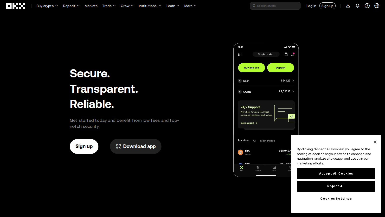OKX public homepage showing its exchange and derivatives product surface.