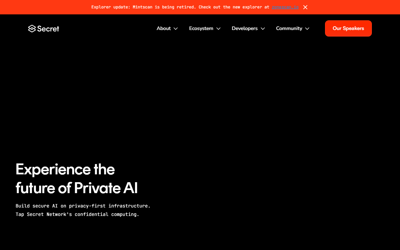 Secret Network homepage with headline Experience the future of Private AI and tagline Build secure AI on privacy-first infrastructure