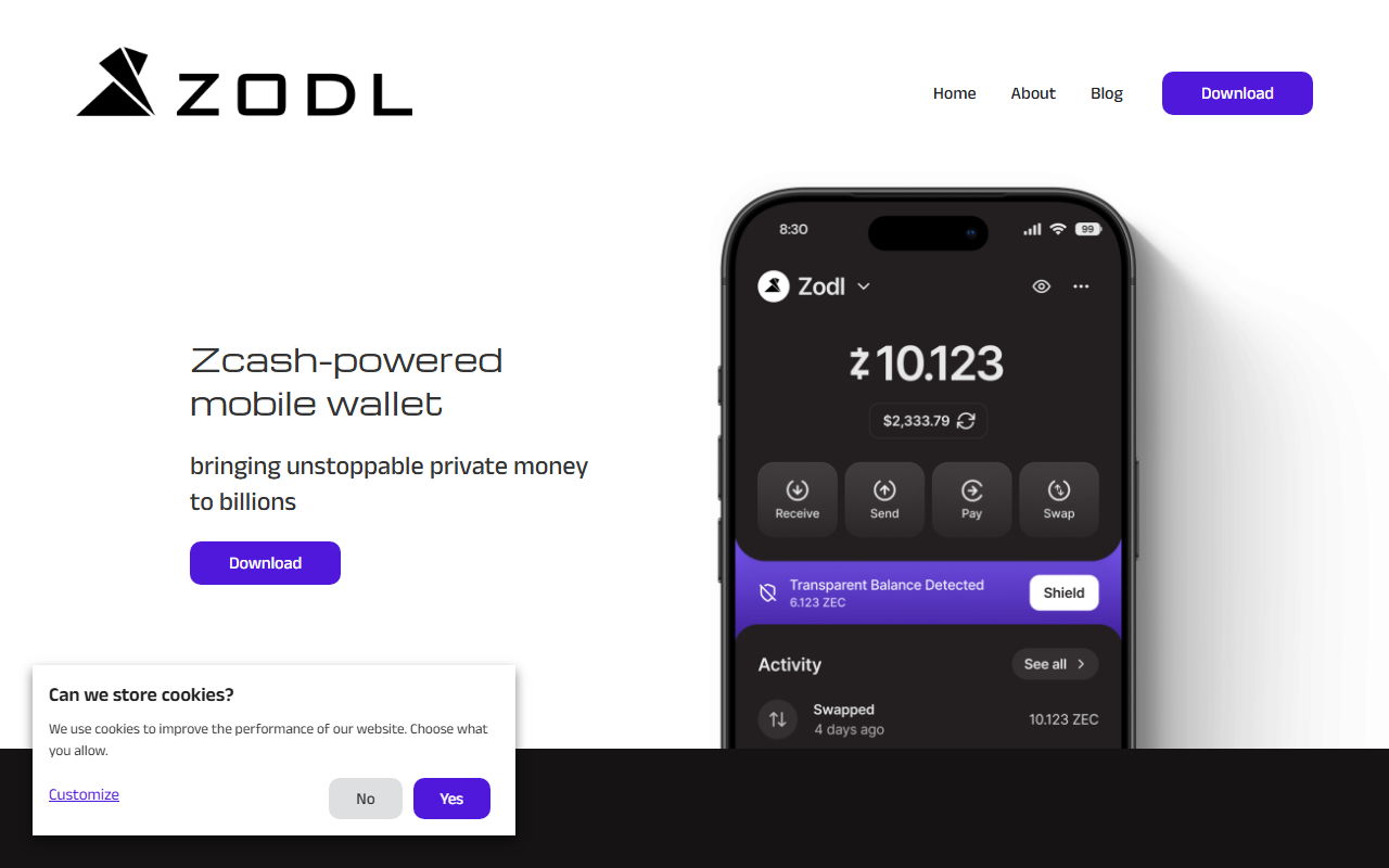 Zodl Zcash mobile wallet showing Transparent Balance Detected with 6.123 ZEC and a Shield button to move funds into the shielded pool