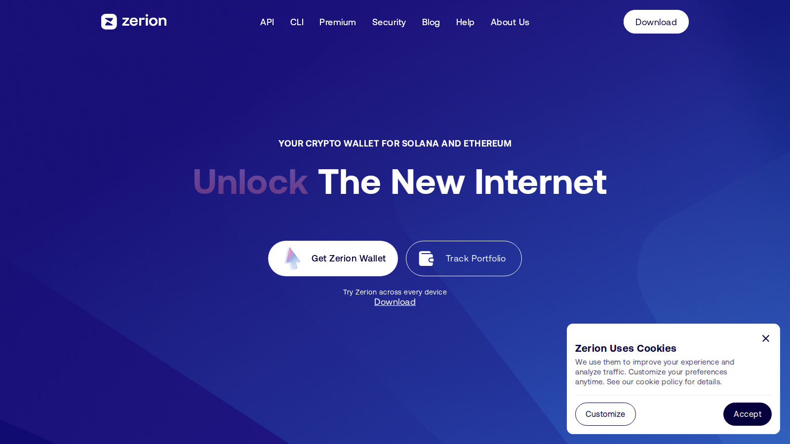 Zerion homepage showing a wallet-first DeFi portfolio surface.