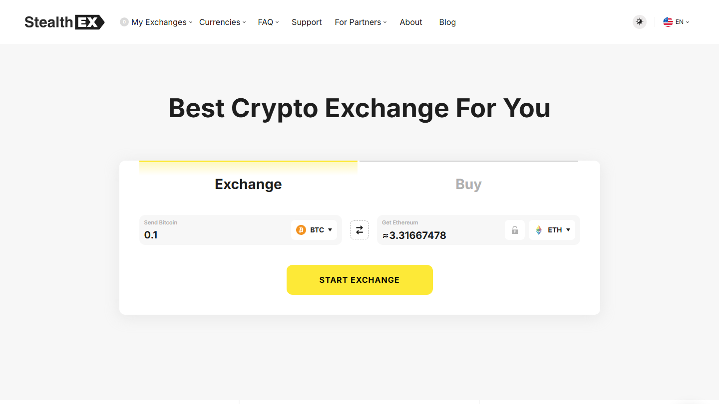 StealthEX no-KYC crypto exchange homepage July 2026