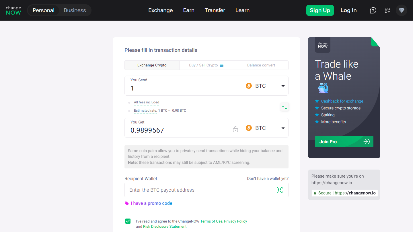 ChangeNOW USDT to BTC exchange flow July 2026
