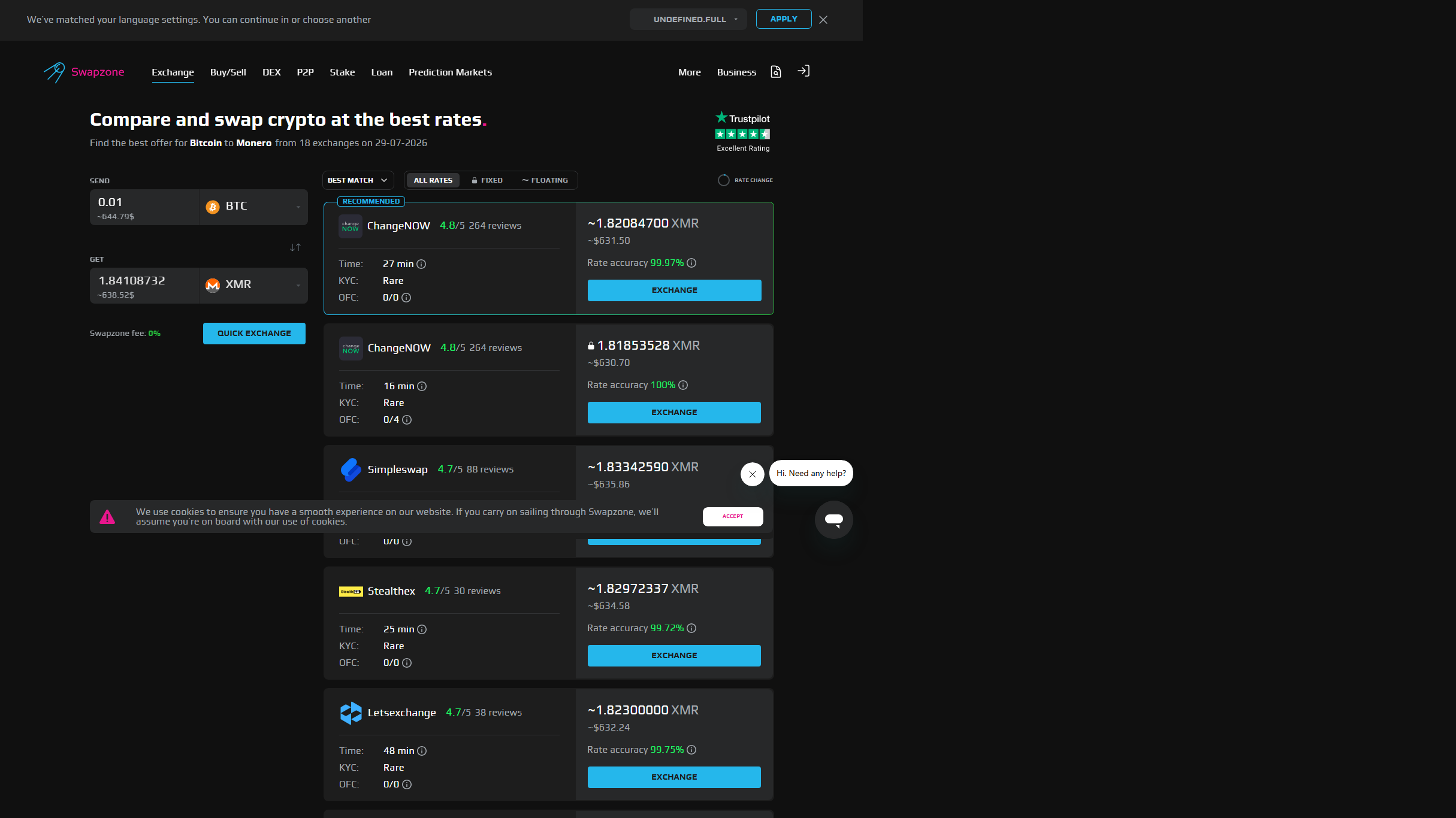 Swapzone BTC to TON query showing providers offering TON swaps , July 2026