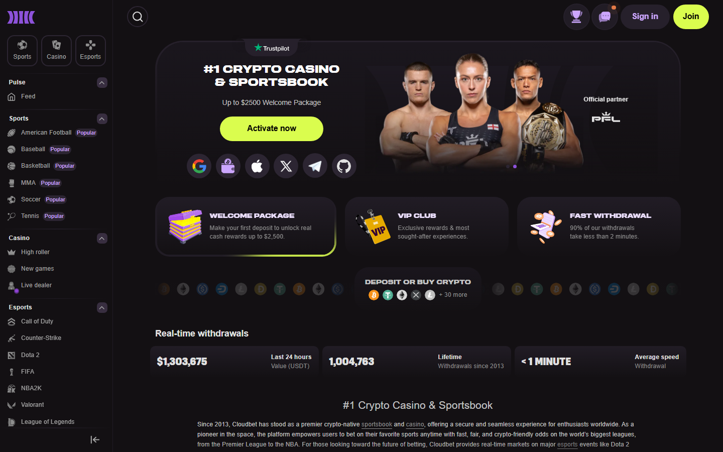 Cloudbet BTC sportsbook and casino interface July 2026