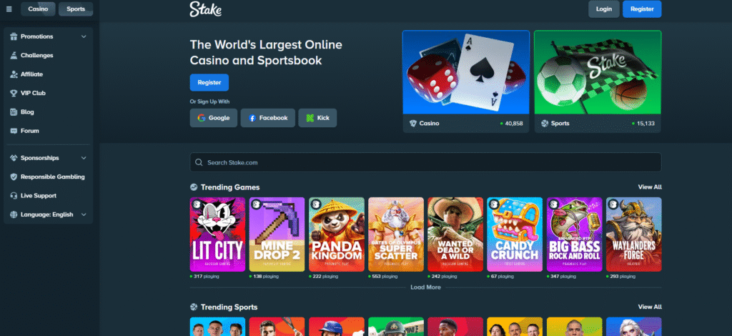Stake.com sportsbook homepage July 2026