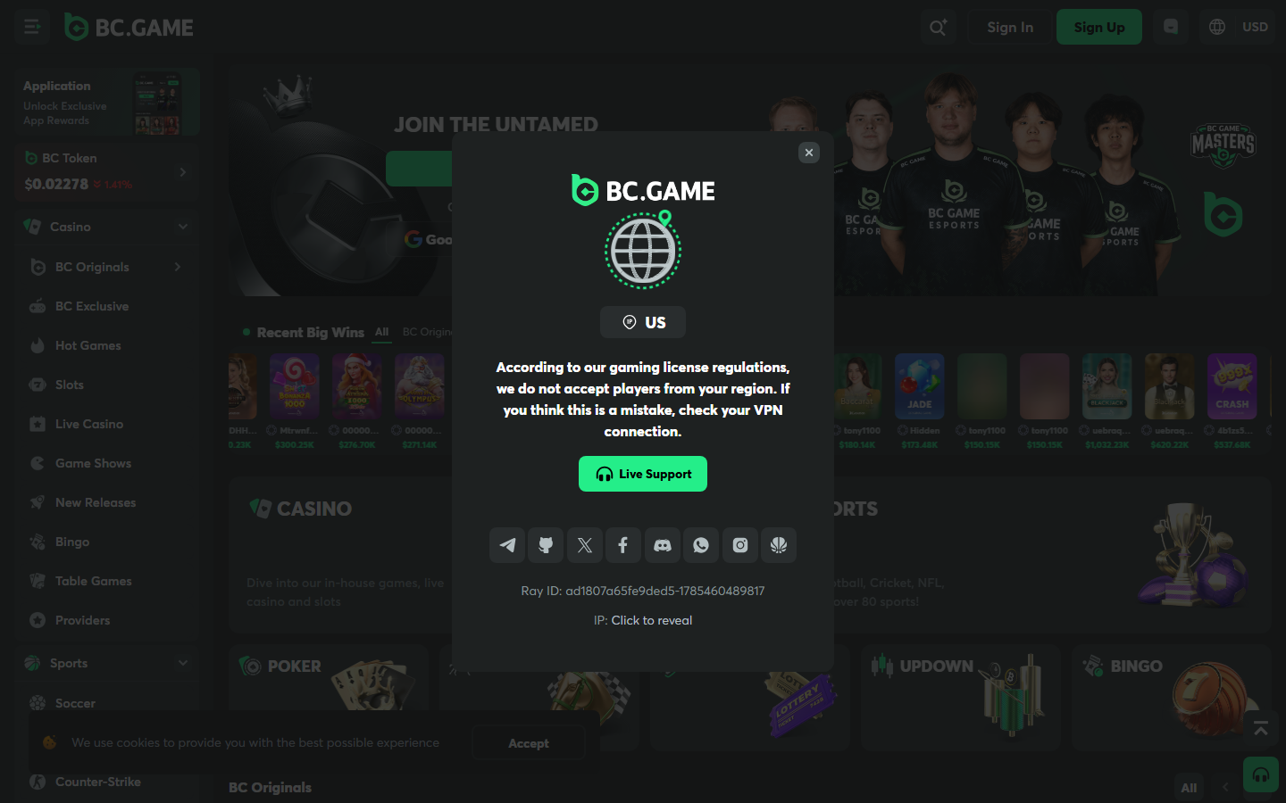 BC.Game crypto casino homepage July 2026