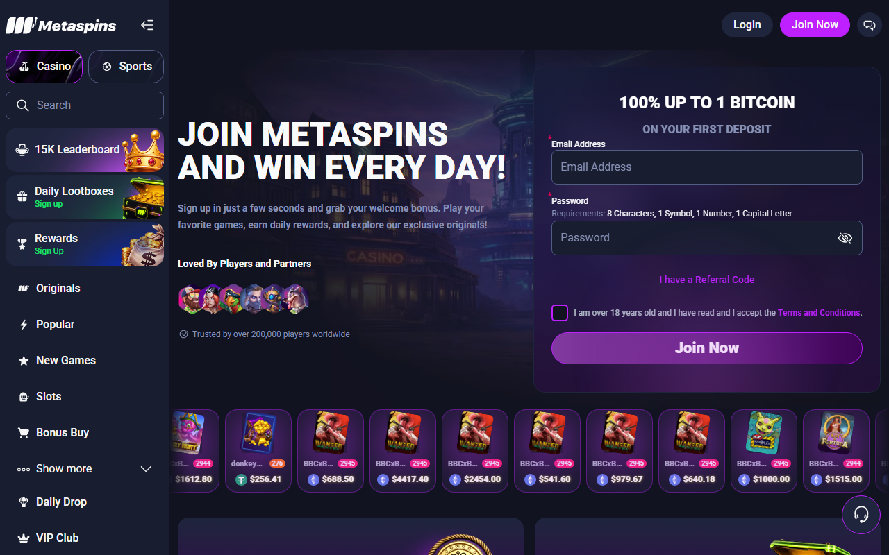 Metaspins crypto casino homepage July 2026
