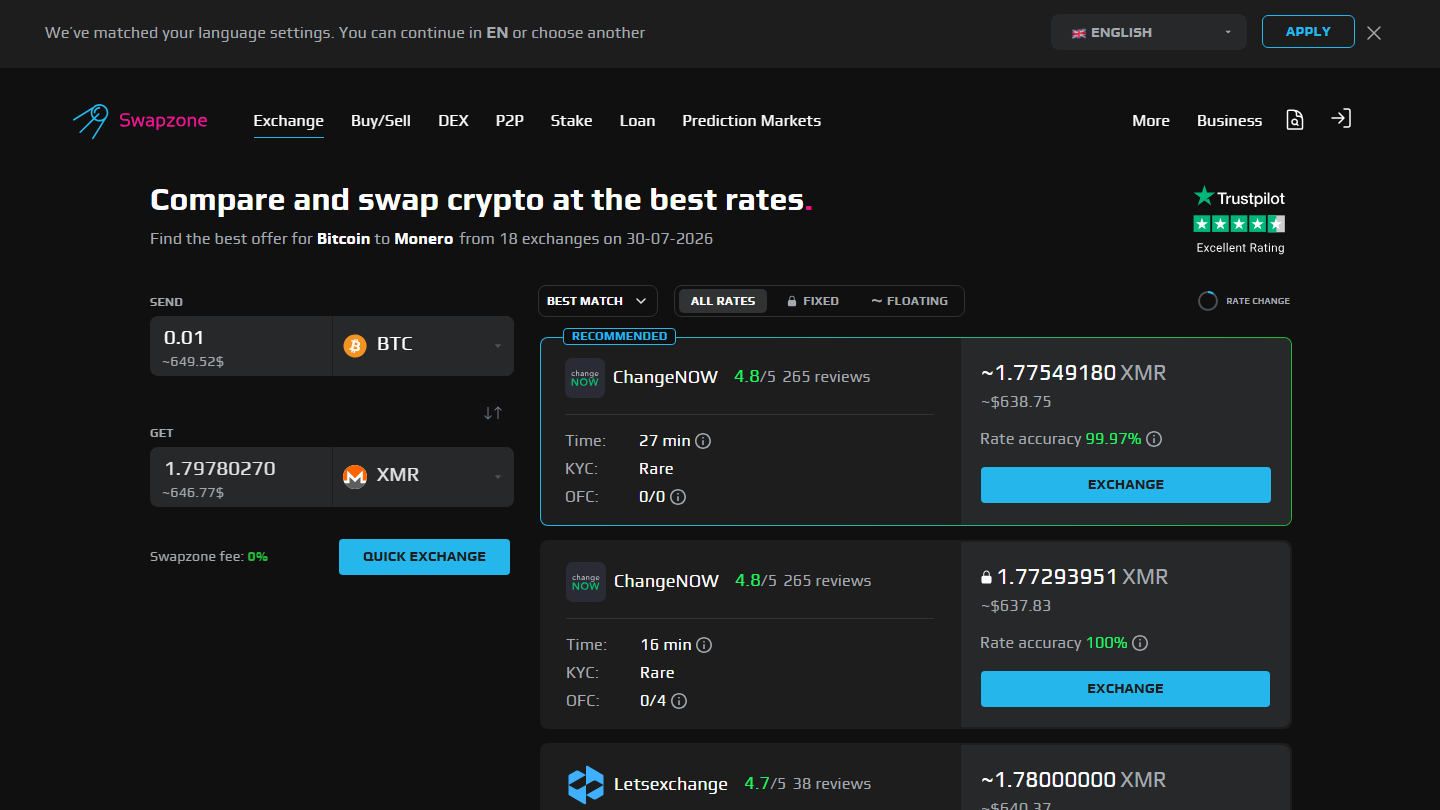 Swapzone homepage July 2026 for Swapzone vs SwapSpace comparison