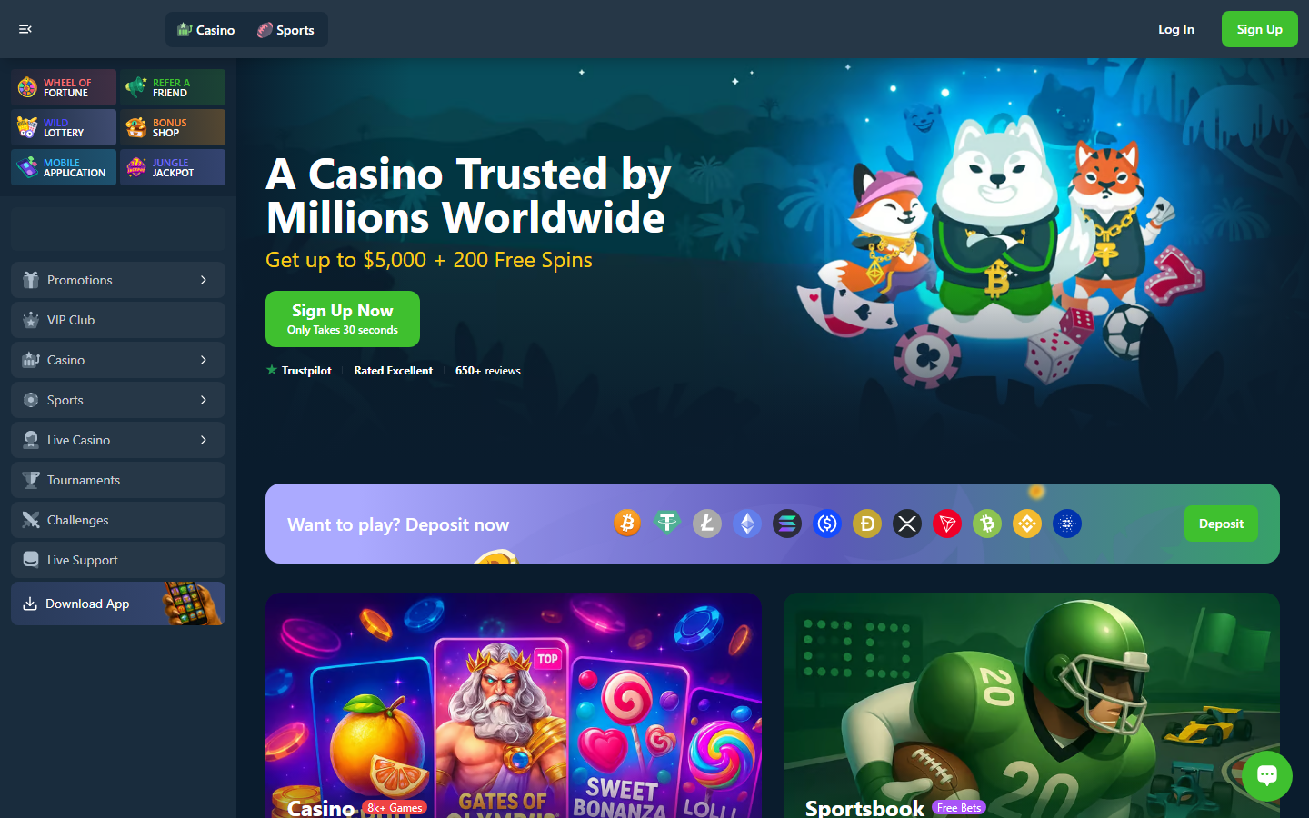 Wild.io no-KYC crypto casino homepage July 2026
